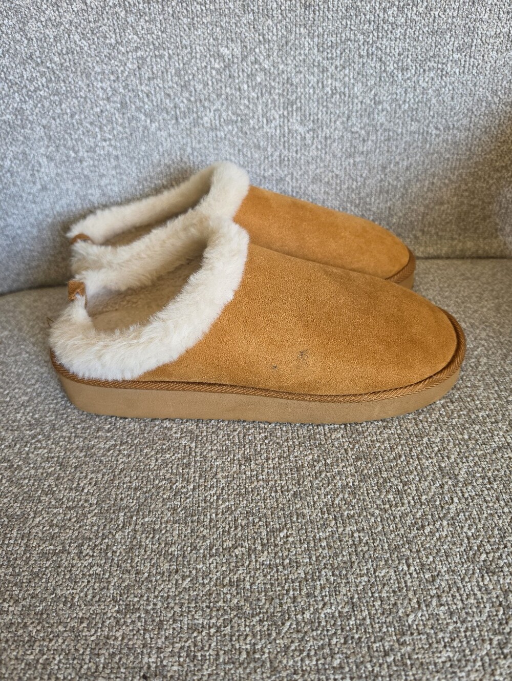 Faux Suede Fur Lined Slip On Mule Slipped Camel Brown Tan Sz 41